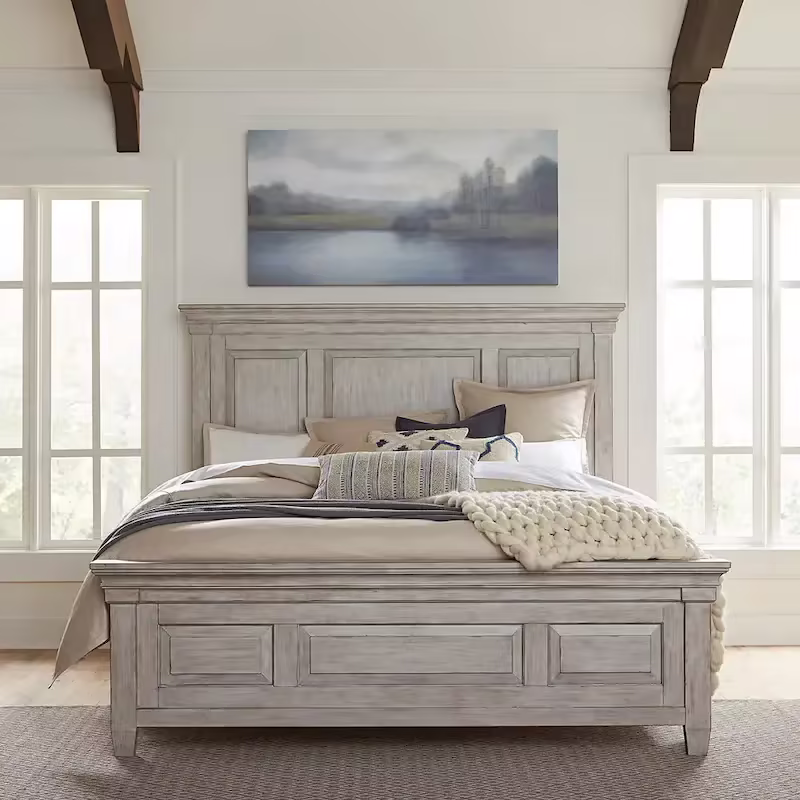 Farmhouse Panel Bed with Wooden Frame and Slat Support