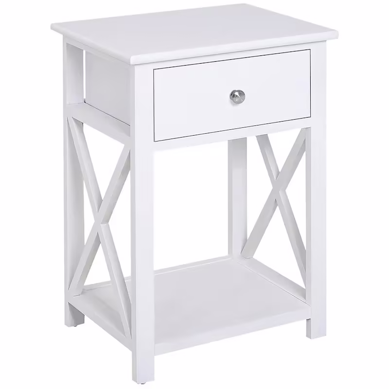 Farmhouse Style Side Table with Storage Drawer and Open Shelf, X-Frame Design, White Bedside Table for Living Room