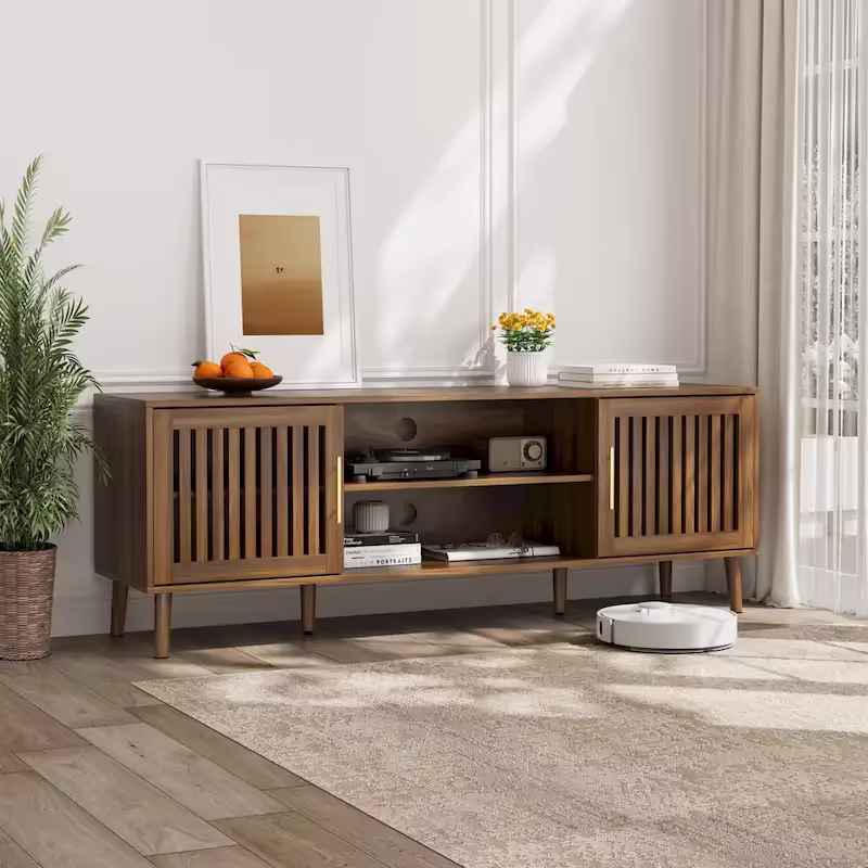 Farmhouse TV Stand with Slatted Doors and Storage Shelves
