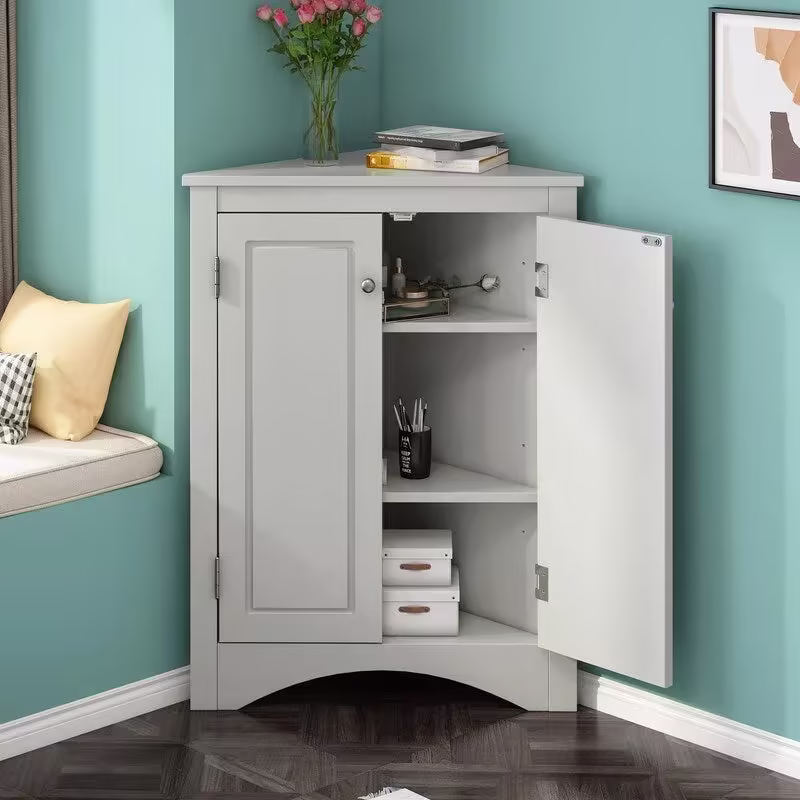 Freestanding Corner Triangle Bathroom Storage Cabinet with Adjustable Shelves - Versatile Accent Cabinet for Living Room