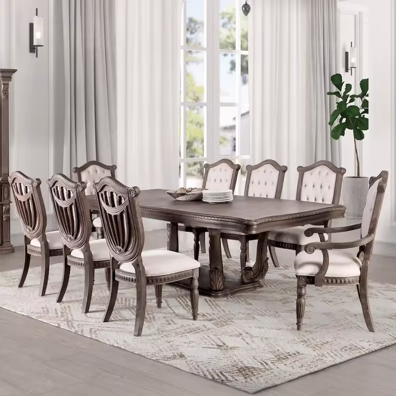 Furniture of America Cassian Classic 9-Piece Expandable Dining Set in Weathered Oak Solid Wood