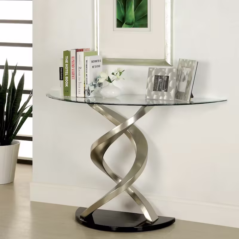 Furniture of America Sele Contemporary 45-Inch Silver Half-Moon Glass Top Sofa Table