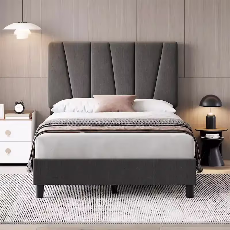 Sturdy Wooden Slat Linen Upholstered Platform Bed Frame