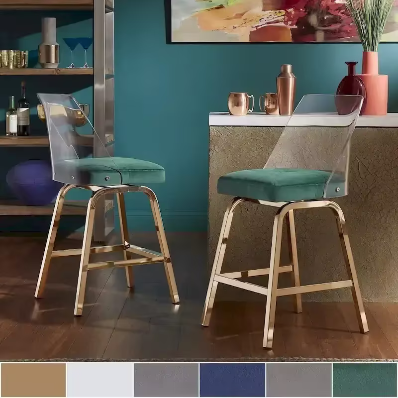 Swivel Counter Height Bar Stool Set with Acrylic Back and Upholstered Seat
