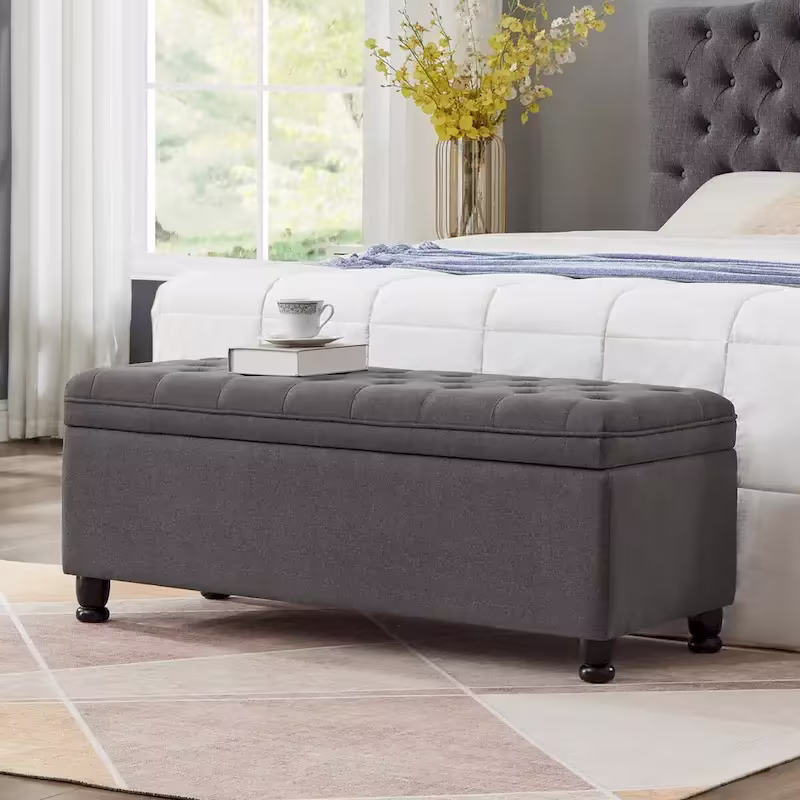 Tufted Storage Ottoman Bench with Upholstered Seat and Wooden Legs