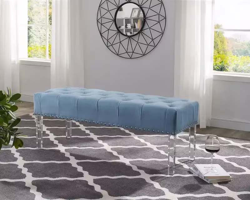 Tufted Upholstered Bench with Acrylic Legs and Nailhead Trim
