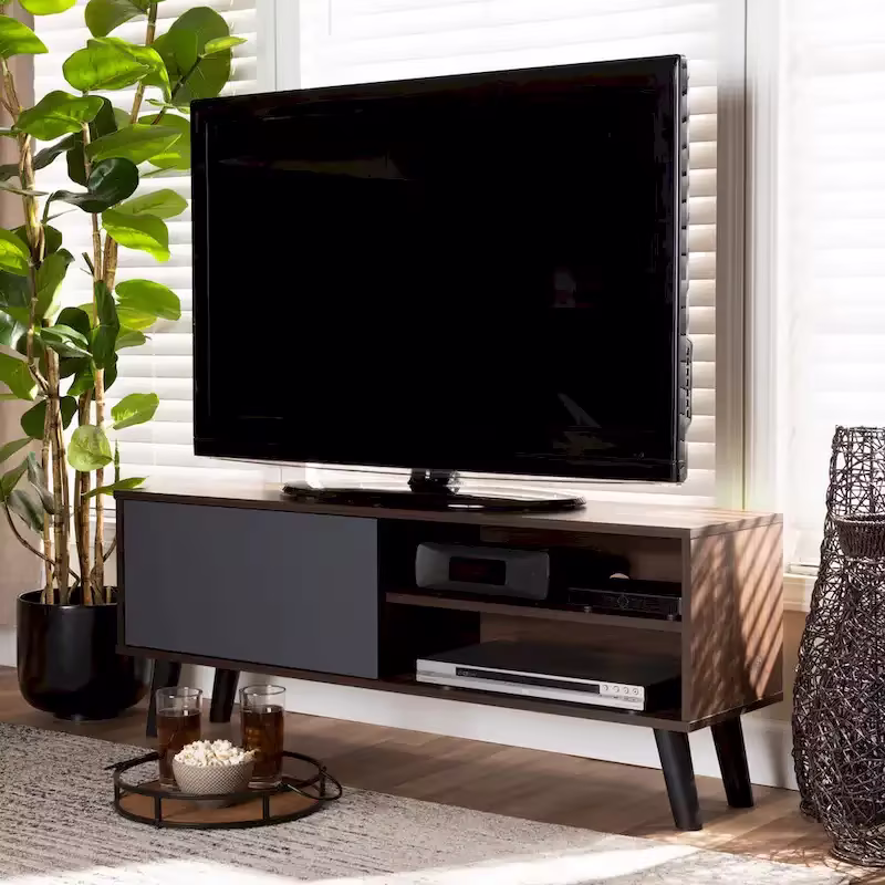 Two-Tone Walnut Brown and Grey Wood TV Stand - Mallory Collection