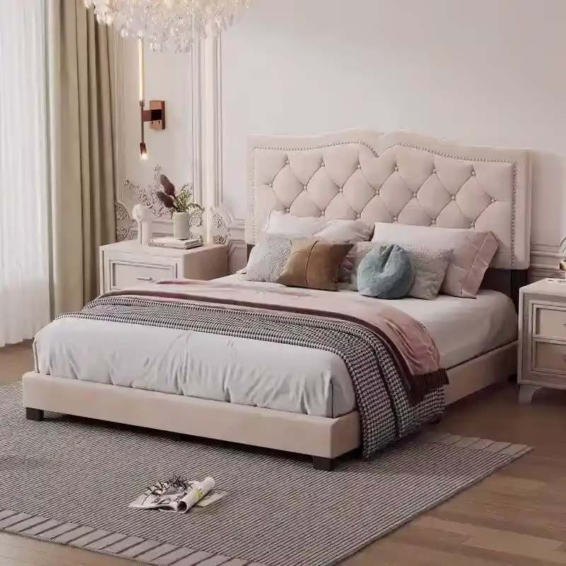 Upholstered Platform Bed with Tufted Headboard and Slat Support