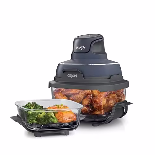 4 in 1 Portable Glass Air Fryer Cooking System, 4QT & 6 Cup Glass Containers with Storage Lids, Easy Meals, Microwave, Freezer & Dishwasher Safe, Air Fry, Bake & More, Cyberspace, FN101GY