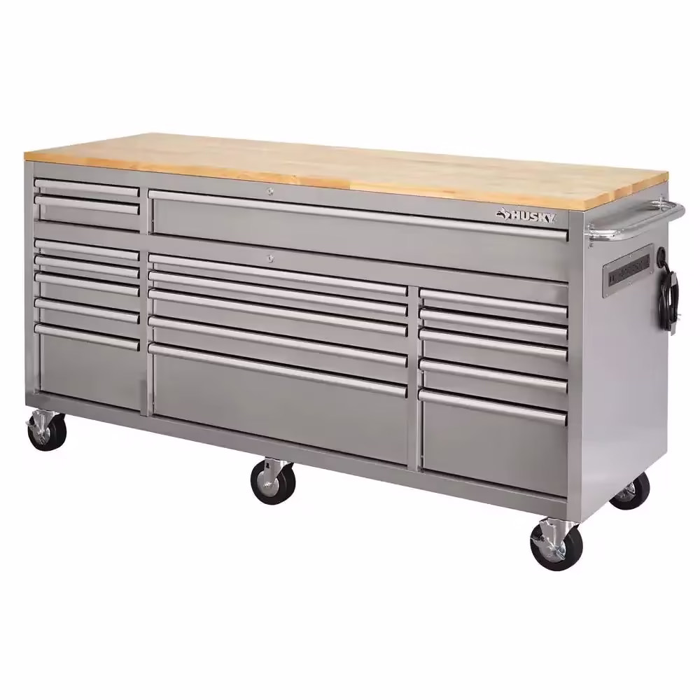 72 in 18-Drawer 24 in. D Mobile Workbench with Solid Wood Top Stainless Steel