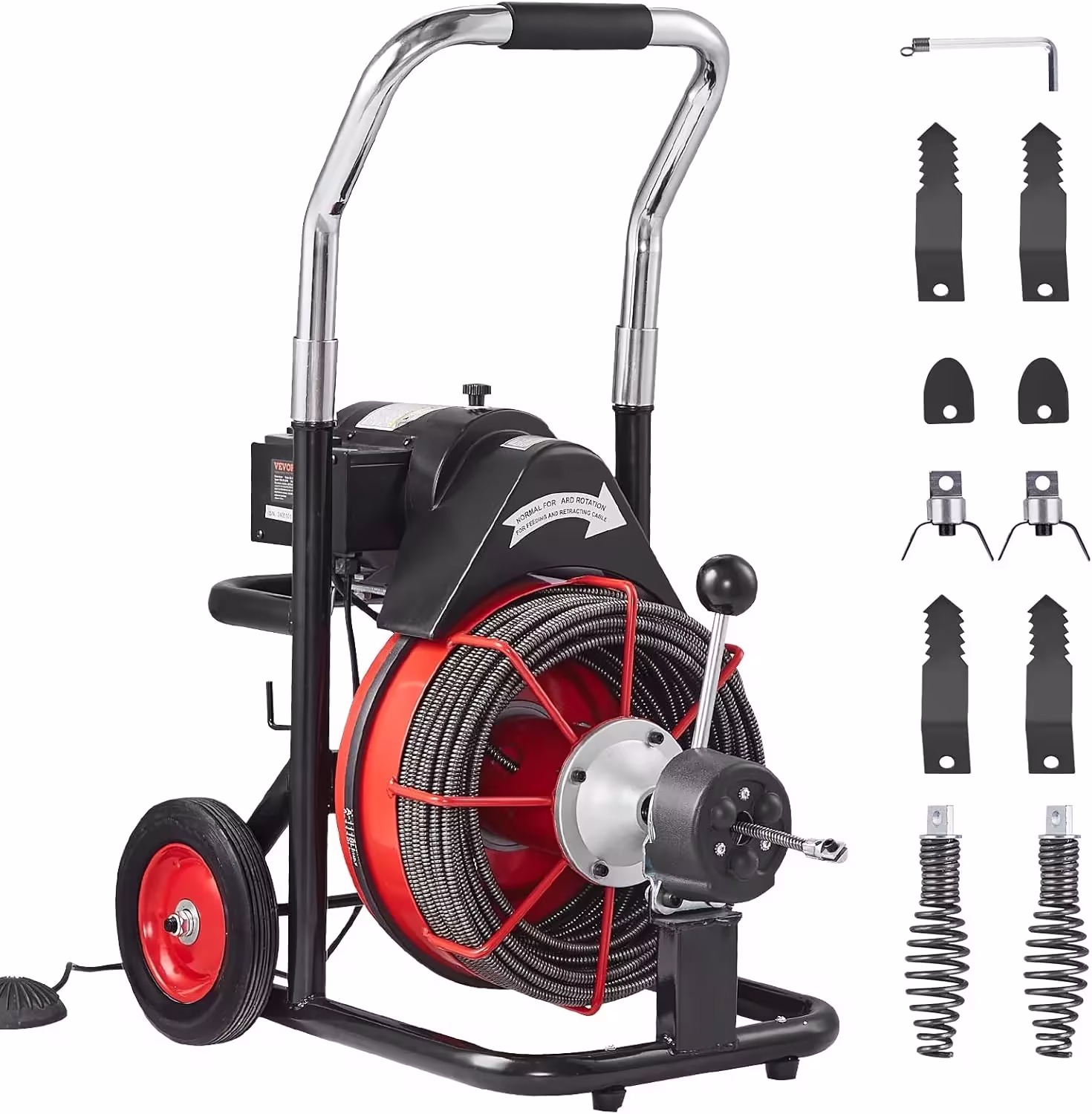 Drain Cleaner Machine 100FT x 1/2 Inch, Auto Feed Sewer Snake Auger on Wheels, 550W Portable Drain Cleaning Machine with 8 Cutters & Air-activated Foot for 2" to 4" Pipes