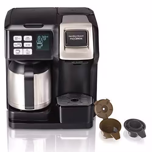Thermal Coffee Maker, Single Serve & Full Pot, Compatible with Pods or Grounds, Programmable, Black and Stainless ()