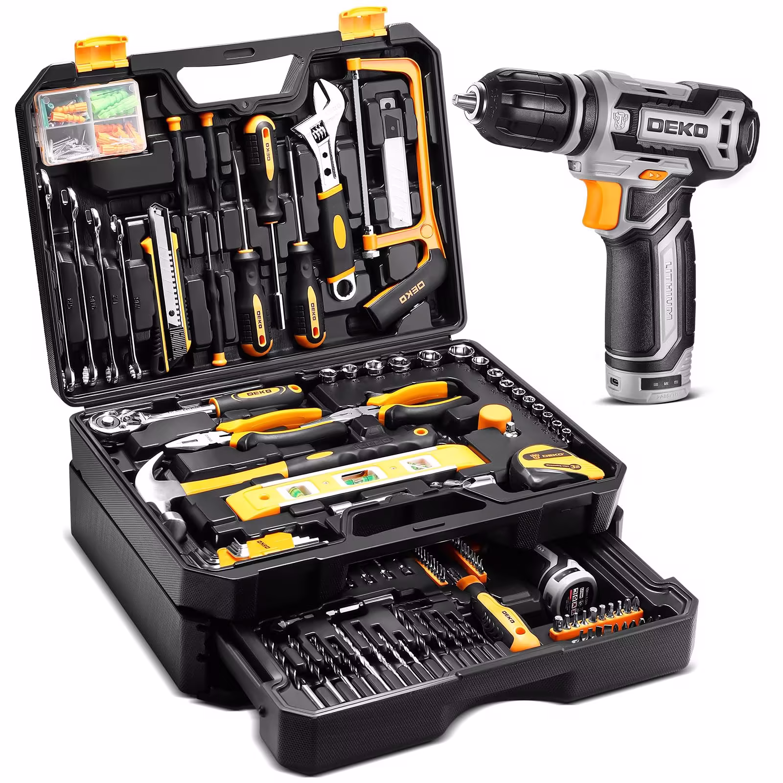 Tool Kit Box Drill Set: Home Mechanic Toolbox with 12V Power Cordless Drill