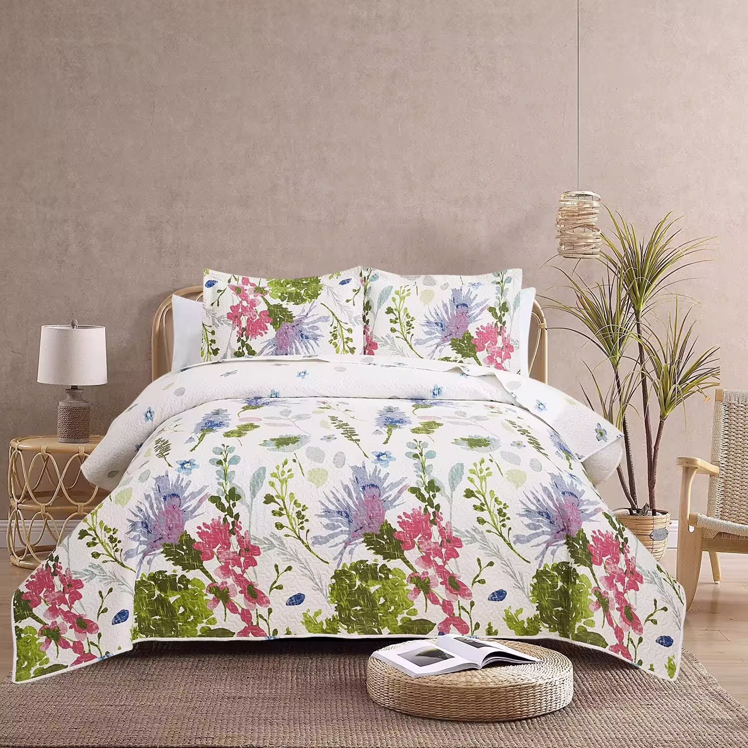 Jarson Floral Quilts Set King size, 3pcs Lightweight Summer Bedspreads, Country Purple Flowers Bedding, Botanical Plant Reversible Coverlets