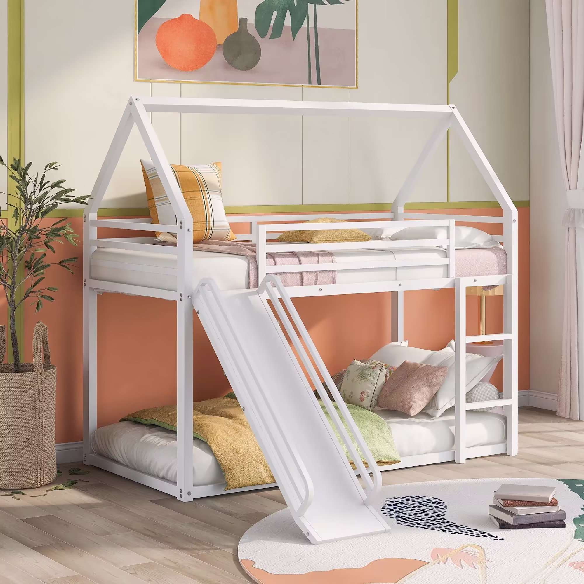 Jump Into Fun Bunk Bed Twin Over Twin, Metal Bunk Bed with Slide, House Low Bunk Bed with Ladder and Safety Guardrails, Noise Free Floor Twin Bunk Beds for Kids, Adults, Bedroom, White