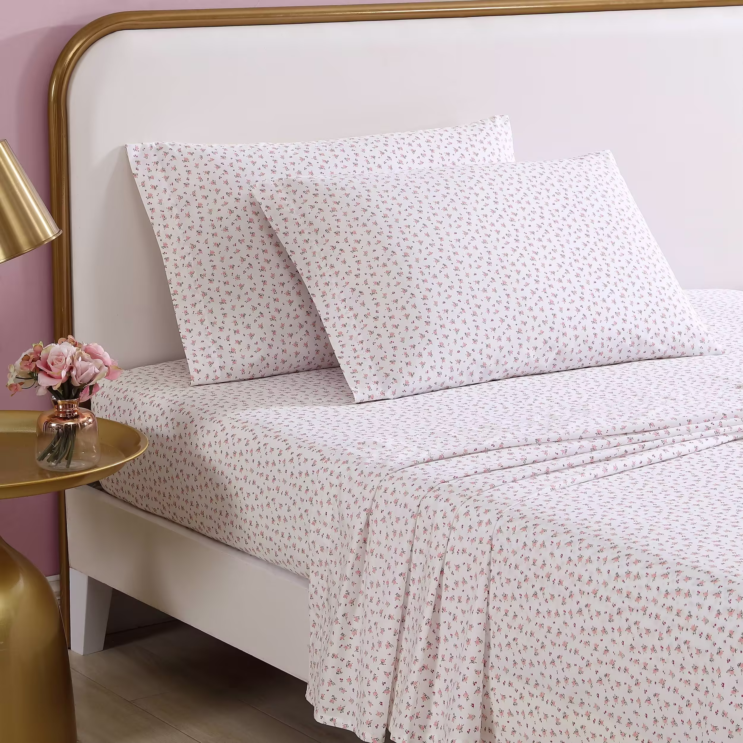 Betsey Johnson Baby Buds Pink Cotton Percale Queen Sheet Set
