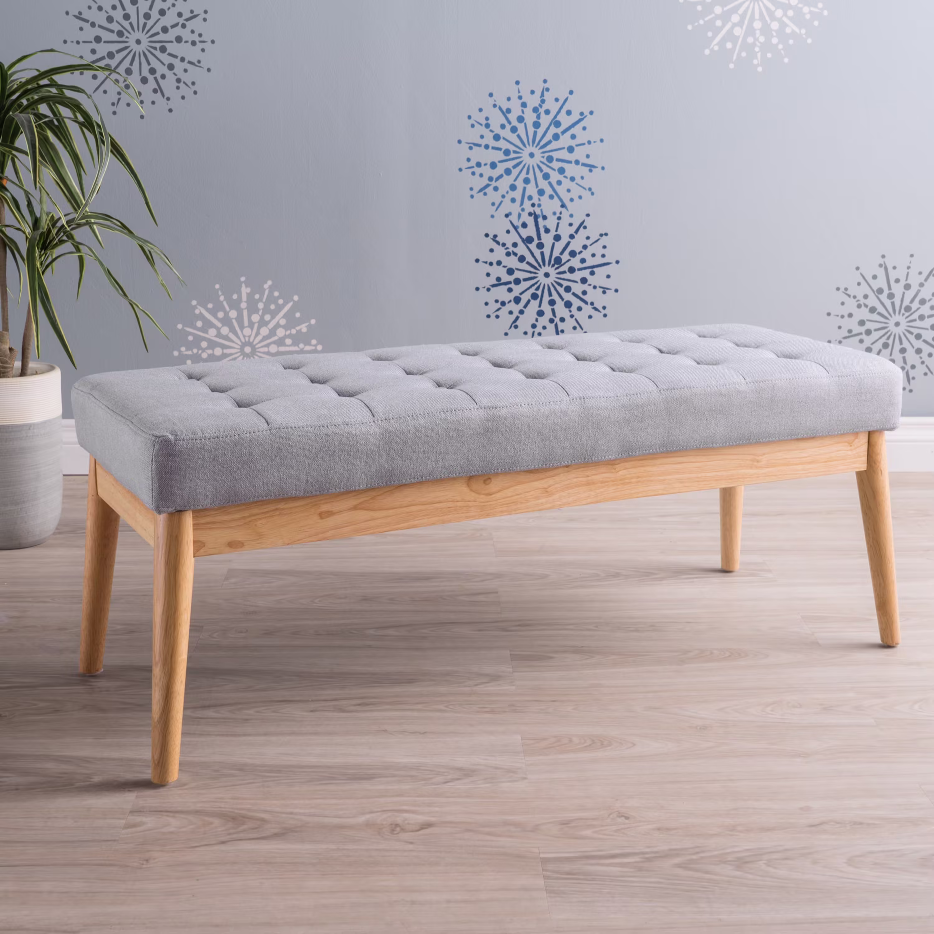 44.75" Mid - Century Tufted Bench - Solid Birch Legs - Plush Polyester Blend - 17" Height, 19.62 lb
