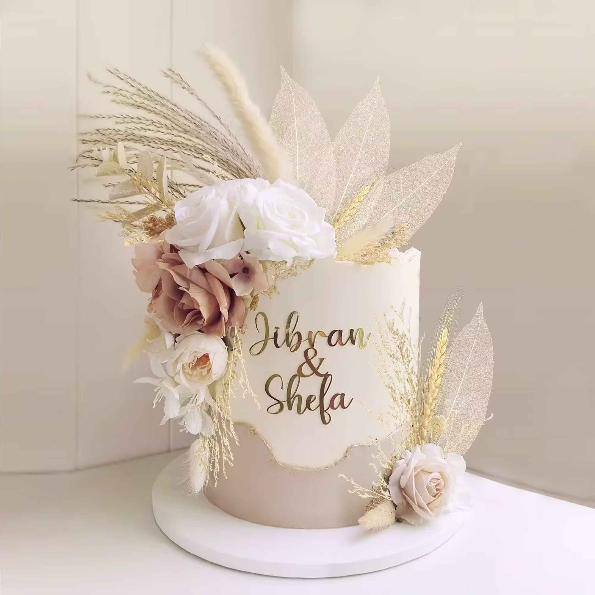 22 Pcs Boho Cake Topper Decorations Vintage Artificial Rose Flowers Leaves Various Dried Pampas Grass Cake Decor for Cake Decorating for Wedding
