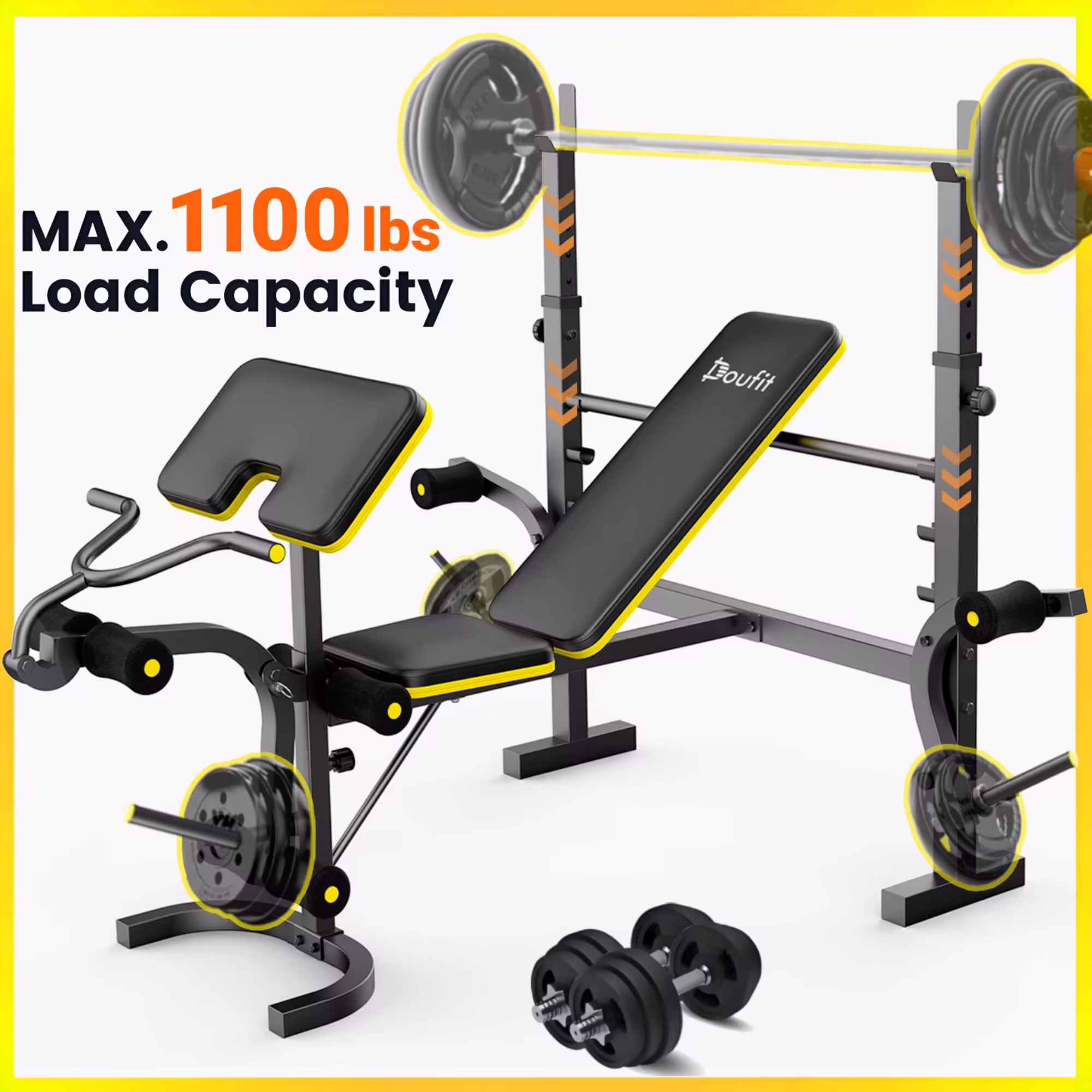 Weight Bench, Blacksmith 1100 lb 6 - in - 1 Workout Bench Press with Squat Rack Leg Developer Preacher Curl Butterfly Arms, Gym Exercise Equipment for Full Body Home Gym