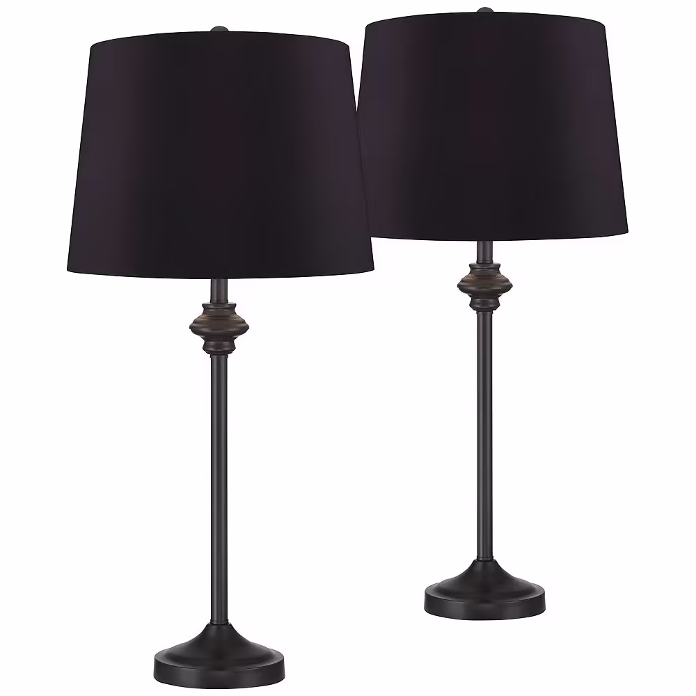 360 Lighting Lynn Modern Country Cottage Buffet Table Lamps 26" Tall Set of 2 Black Metal Faux Silk Drum Shade for Bedroom Living Room Bedside