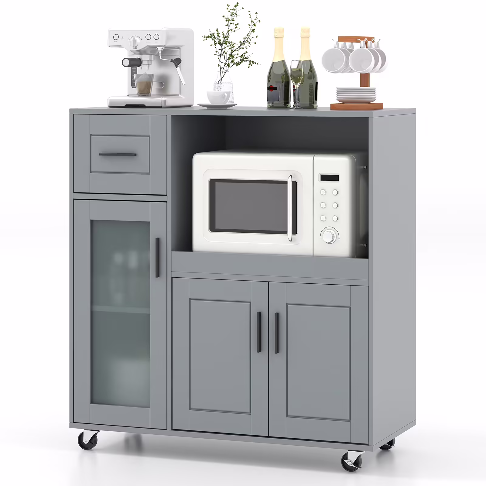 Topbuy Rolling Kitchen Island with Wheels Kitchen Cart?with Drawer and Glass Door Cabinet