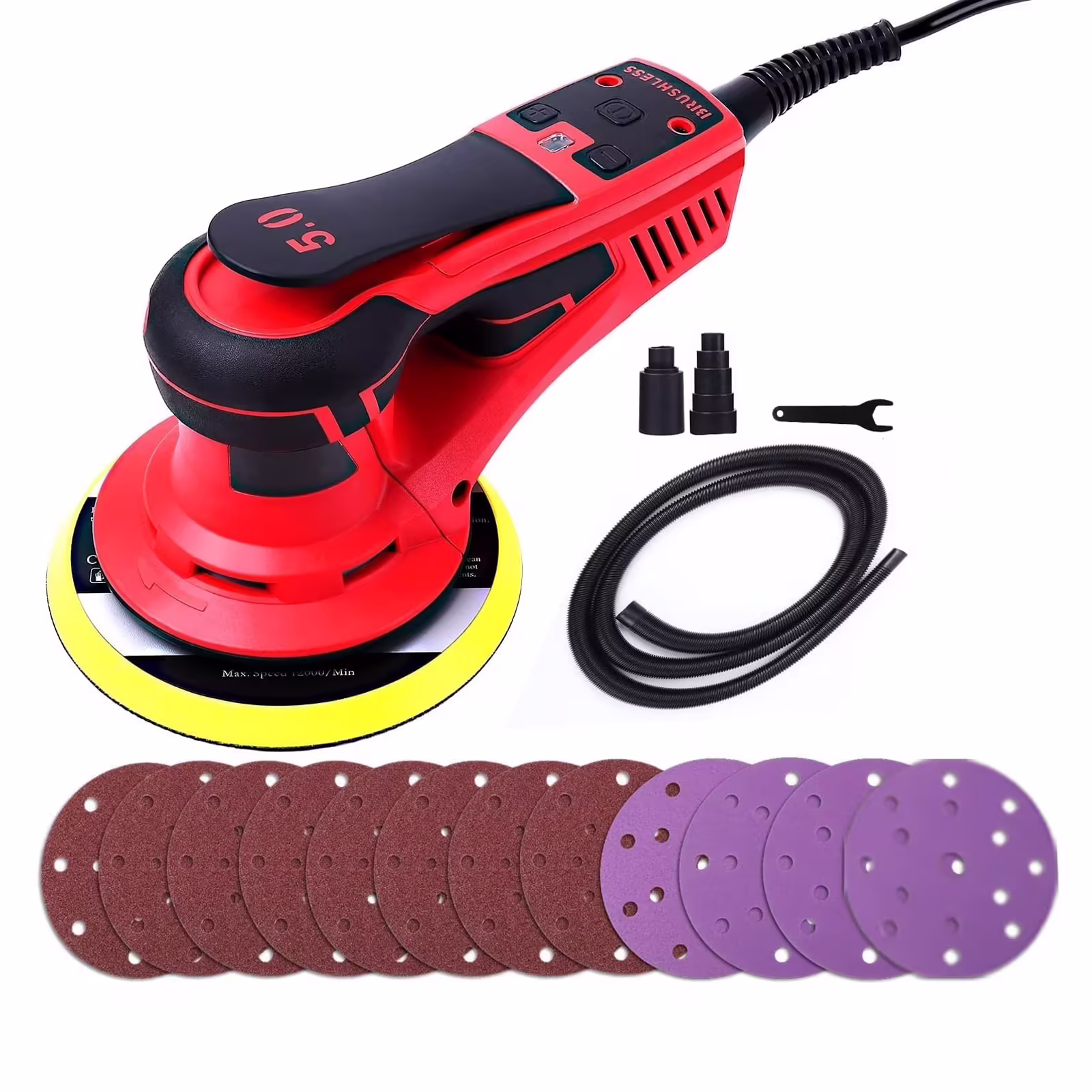 Electric Random Orbital Sander, Brushless Motor, Powerful 350W & Low Vibration Palm Sander, 10000 RPM Variable Speed, 6 - Inch for Woodworking, Polishing, Carpentry