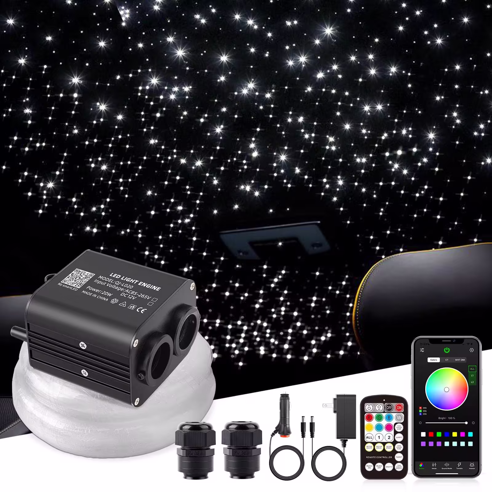 SUNKENET 20W Twinkle LED Fiber Optic Lights, Starlight Headliner Kit for Car Roof Decoration, Fiber Cable 400pcs of (0.03+0.04+0.06in)*9.8ft Star