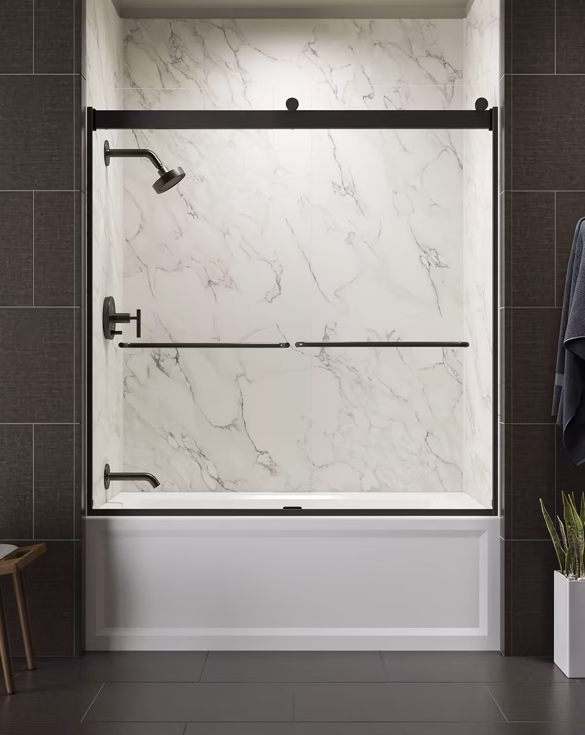 Kohler K-706004-L Levity Sliding Bath Door, 62" H x 56-5/8 - 59-5/8" W, with 1/4" Thick Crystal Clear Glass - Anodized Dark Bronze