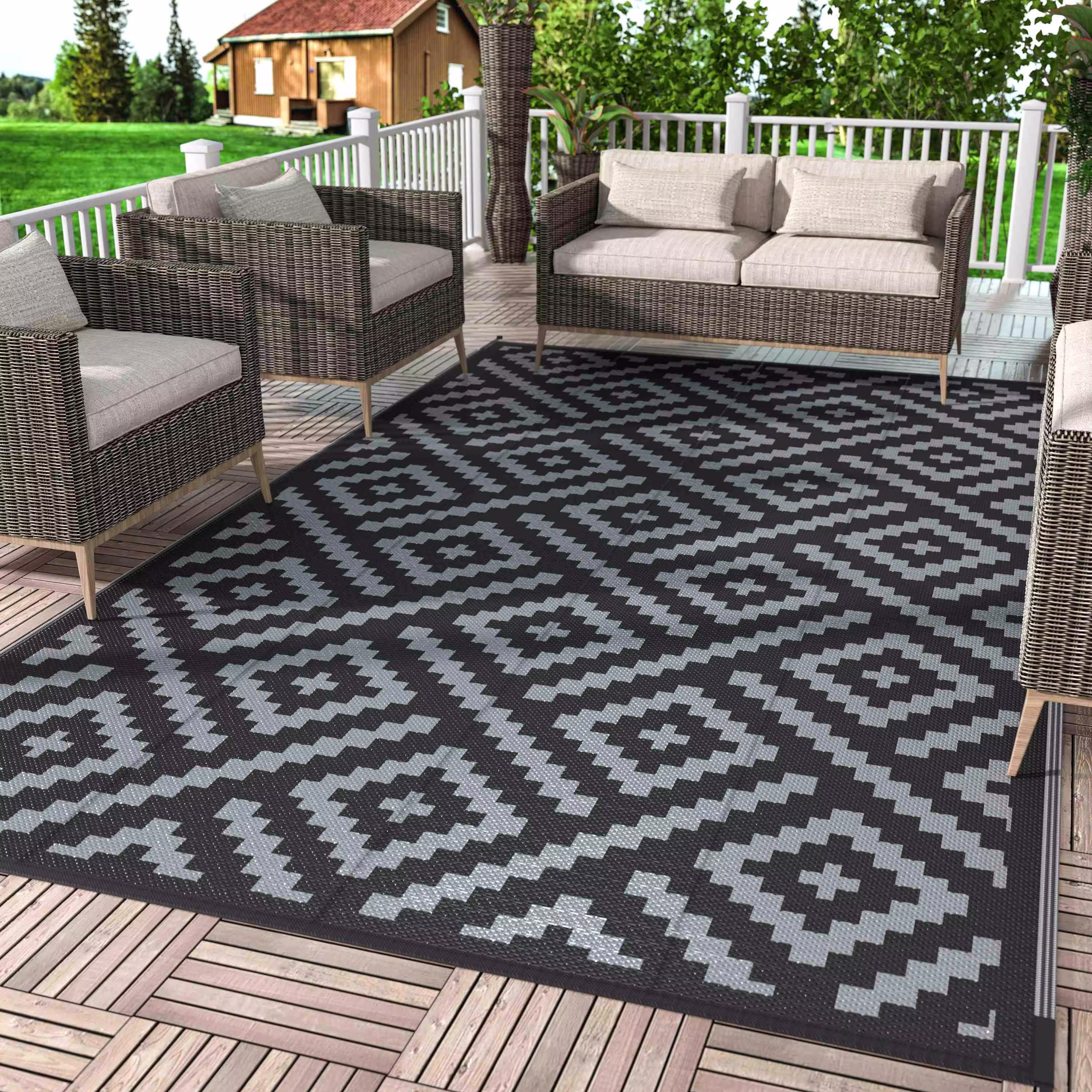 DEORAB Outdoor Rug for Patio Clearance, Reversible Plastic Camping Rugs, 5'x8', Black & Gray, Size: 5' x 8'