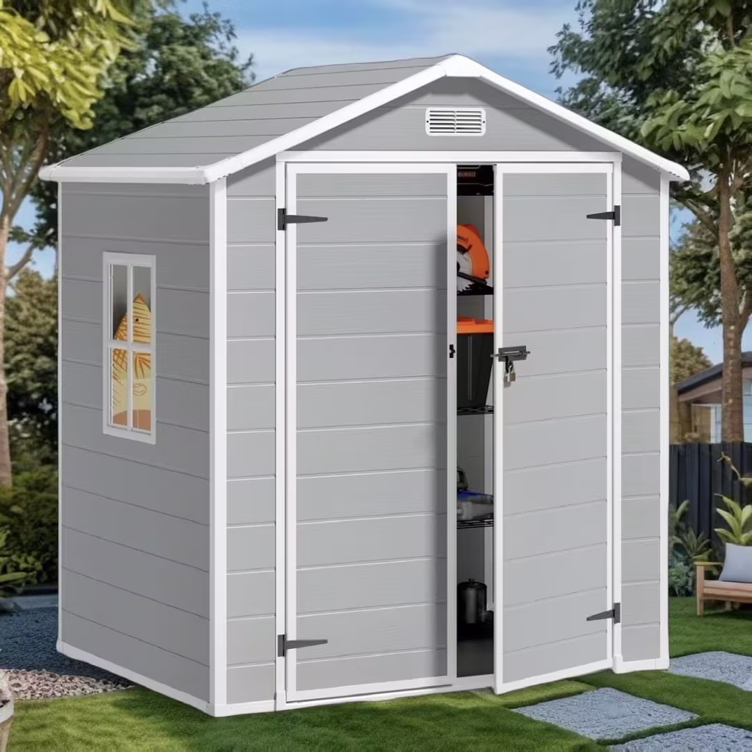 6x4 FT Resin Storage Shed, Lofka Plastic Outdoor Shed with Heavy Duty Floors, 135.6 cu ft, Colorfast, Side Window, Double Lockable Doors for Garden Backyard
