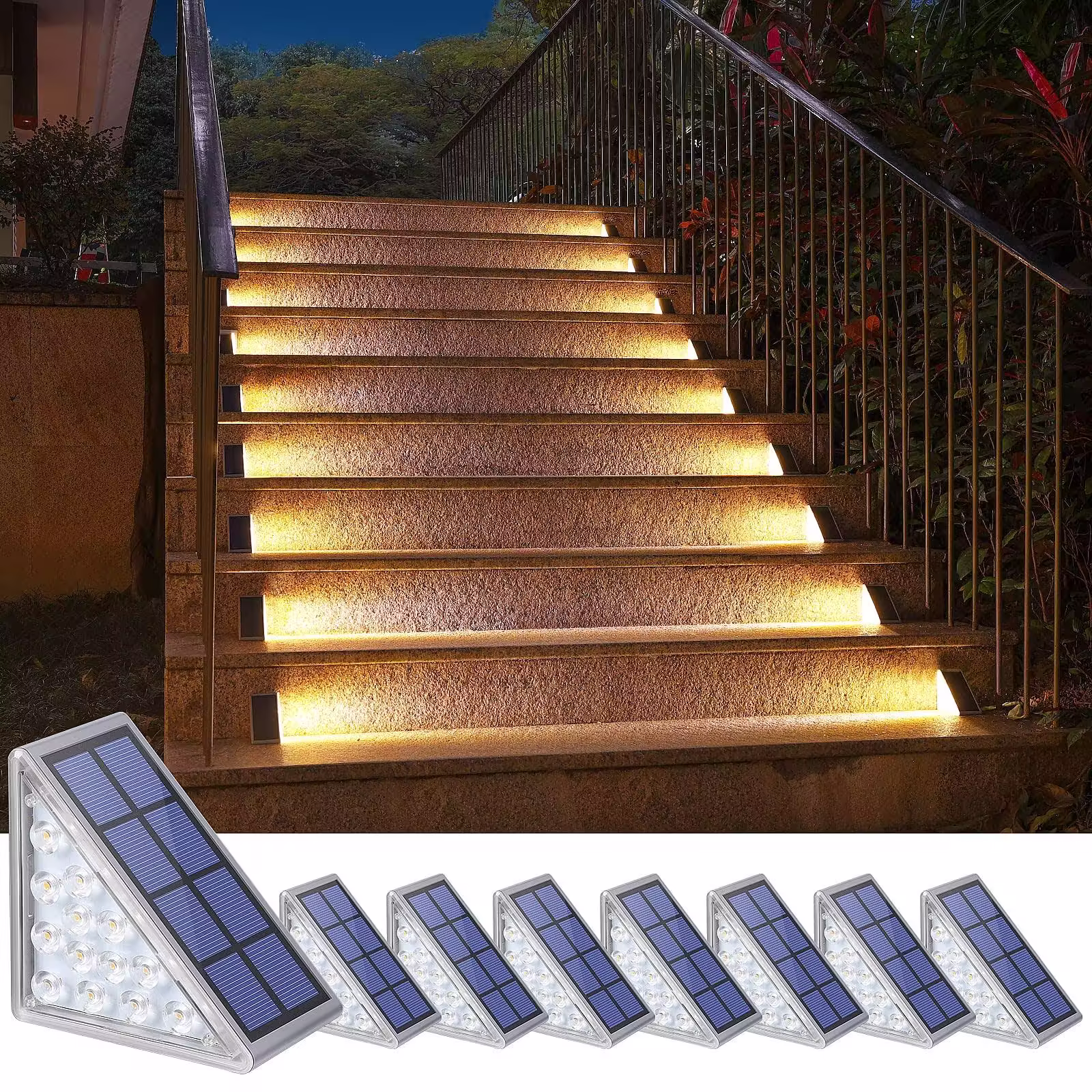 NIORSUN Solar Step Lights, 8 Pack Outdoor Stair Lights Warm White Triangle Solar Deck Lights IP67 Waterproof Auto on Off Decoration Lights for Stair