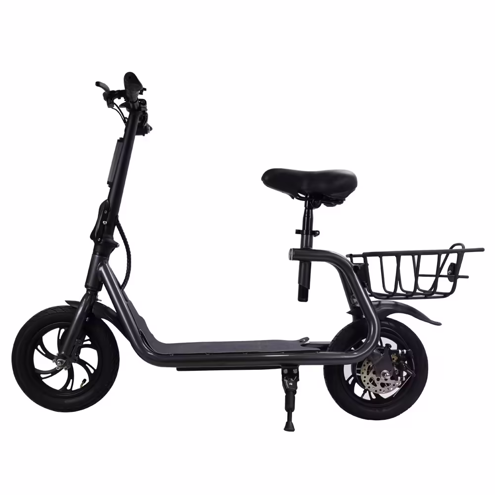 Electric Scooter Adult with Seat, 12 in Tires 350W Motor Foldable E - Bicycle with Basket Dual Disc Brakes