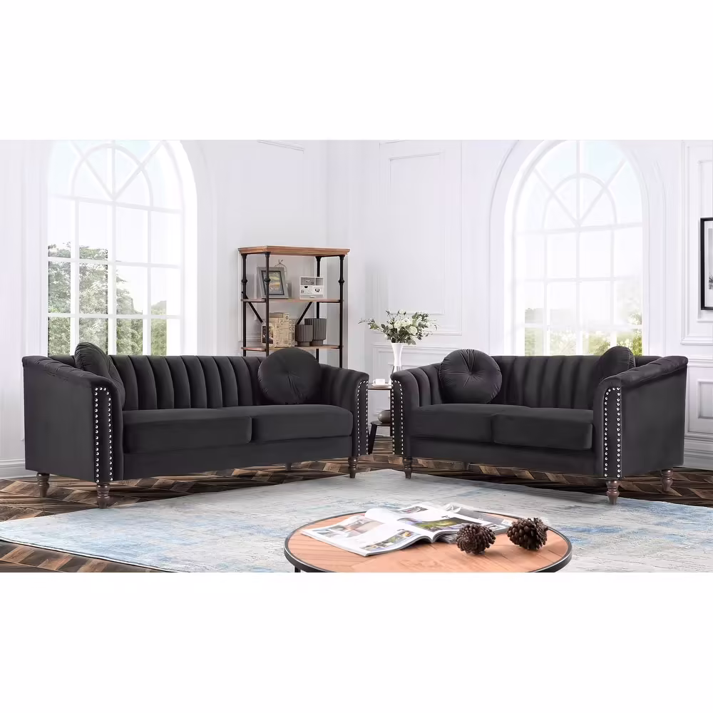 Uspridefurniture Hills Tufted Back 2pcs Living Room Set, Black Velvet