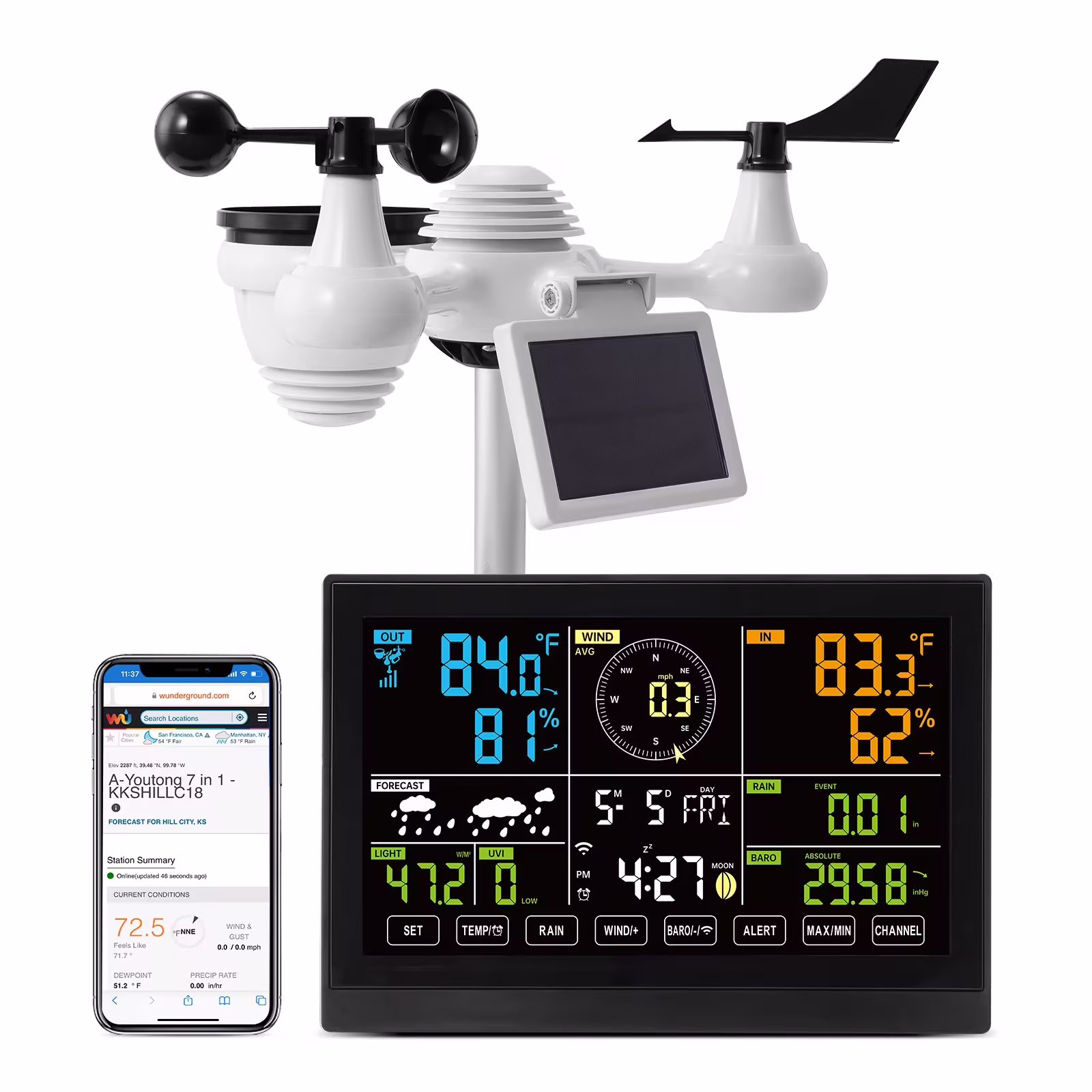 BENTISM 7 in 1 Wi-Fi Wireless Weather Station, for Indoor and Outdoor Temperature and Humidity, Wind Speed/Direction, Rainfall, with Built-in Barometer and 7.5in Digital Color Display