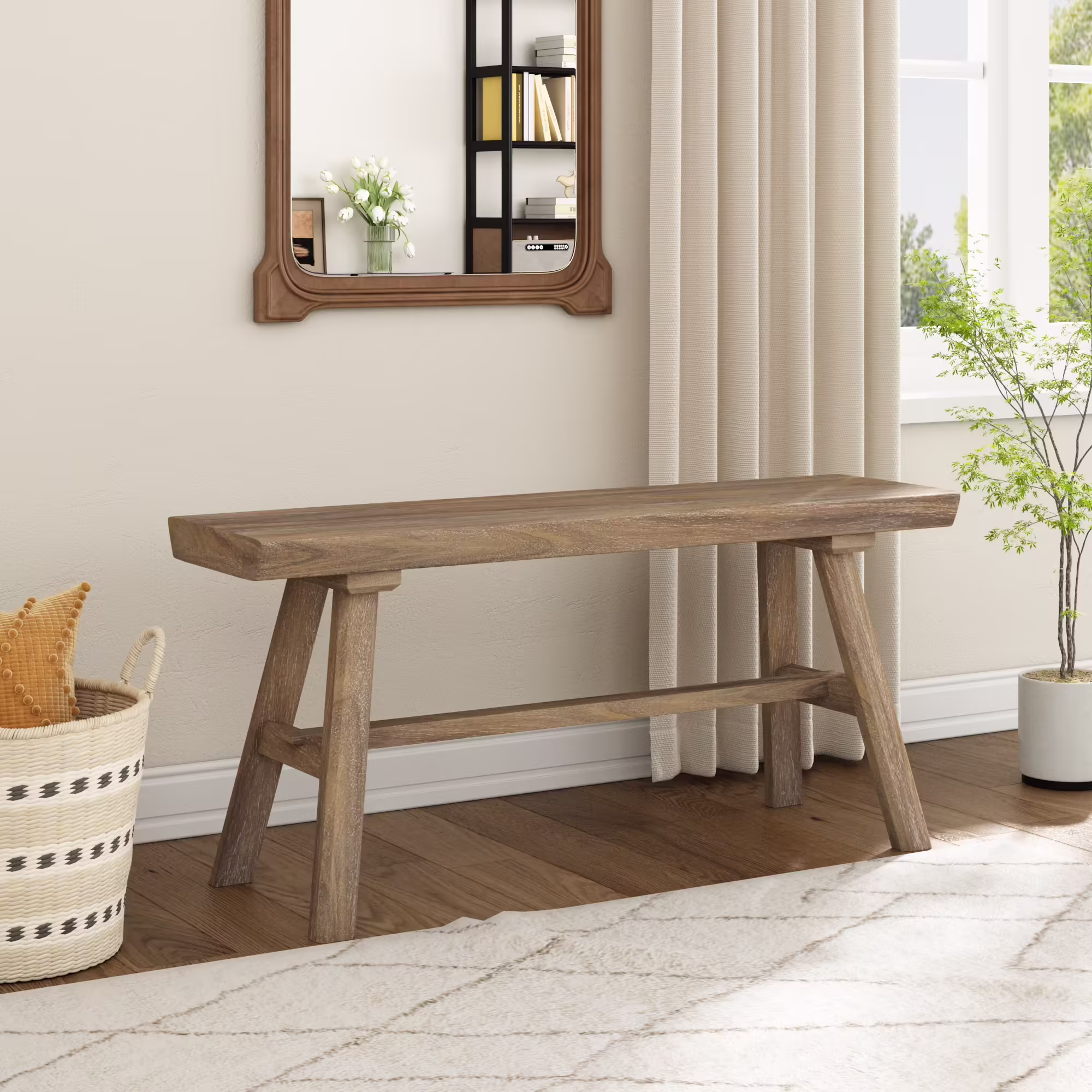 39" Solid Wood Bench, Rustic Farmhouse Wood Dining Room & Entryway Bench Seat for Indoors and Outdoors