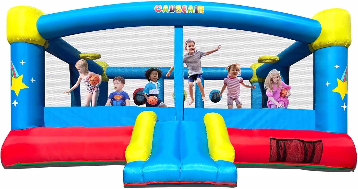 Big Inflatable Bounce House for Party Fun,15ft x 14.8ft,Double Basketball Hoop,Throw Ball Game,Reinforced PVC Bounce Floor,Jumping Bouncy Castle Holds 6 Kids