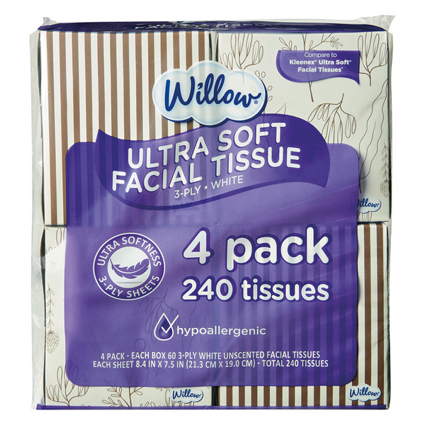 Willow Ultra Soft Hypoallergenic 3-Ply White Facial Tissues
