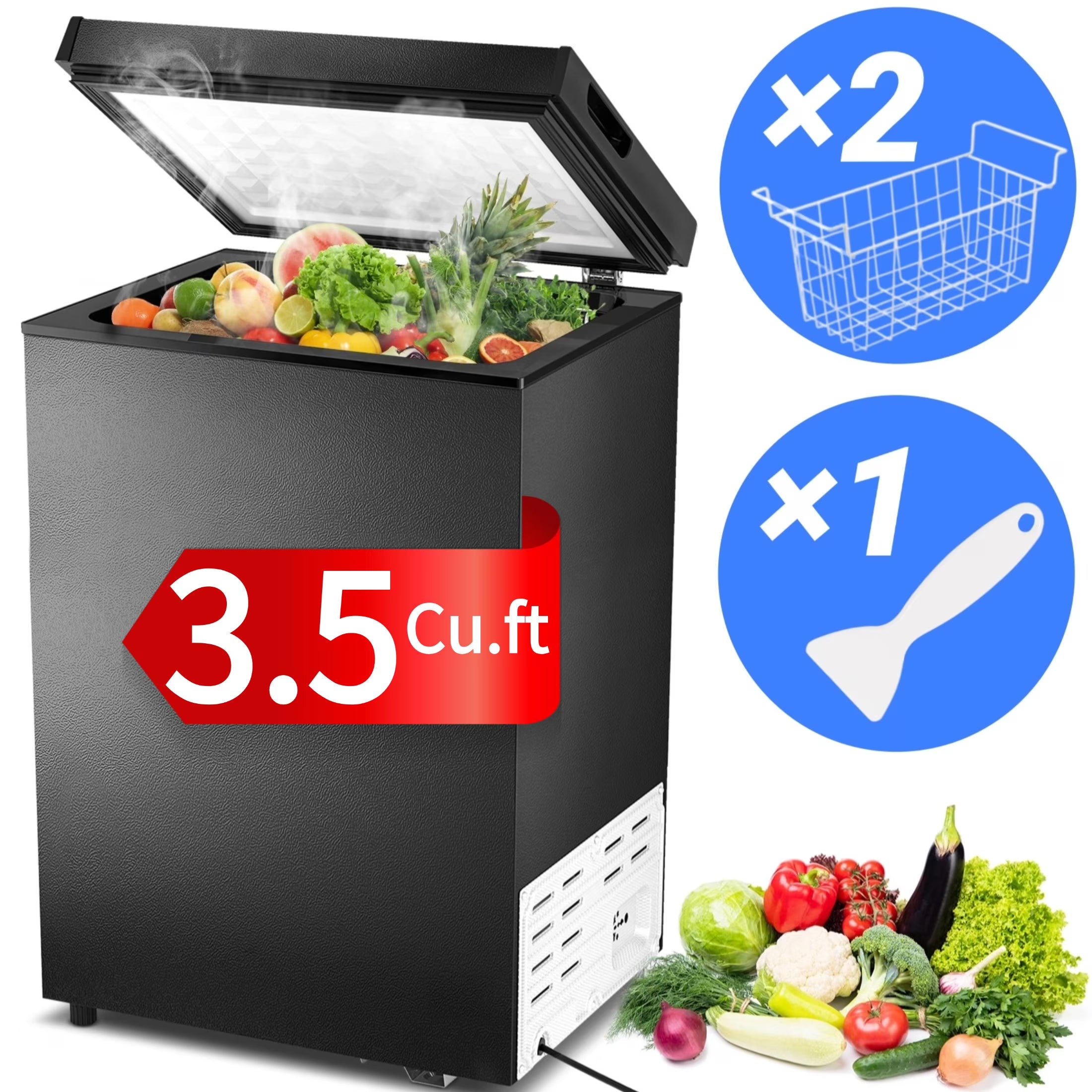 2026 New Auseo Mini Freezer Chest 3.5 cu ft, Black Deep Freezer & Side Handle, Compact Freezer with 7 Gear Adjustable Temperature, Removable Storage Basket*2, Energy Saving