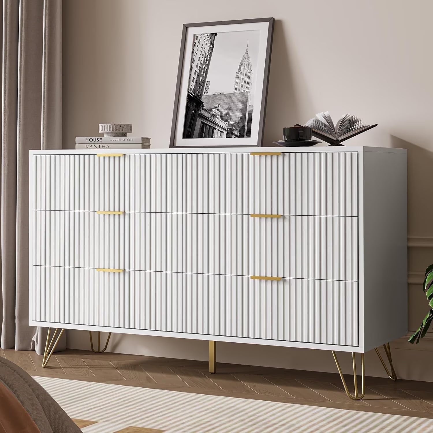 2026 New FURNIWAY White 6 Drawer Dresser for Bedroom, Modern Dresser with Gold Metal Handles,Fluted Wood TV Stand for Living Room, Hallway