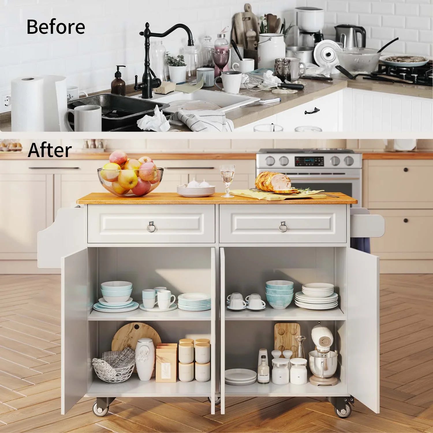 2026 New Lofka 52-Inch Kitchen Island with Storage on Wheels with Wood Drop Leaf, Ideal for Small Kitchens - Image 5