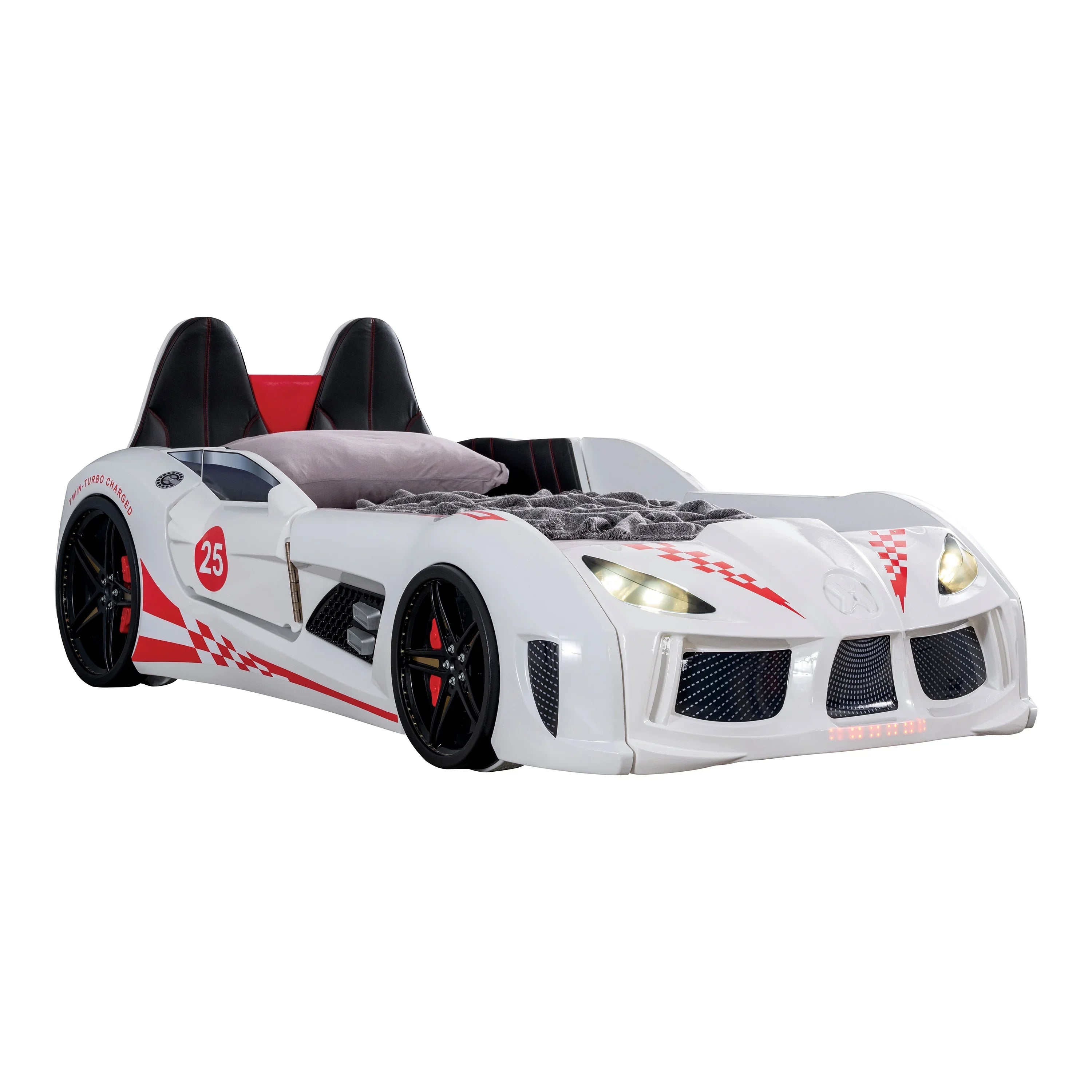 2026 New Furniture of America Dash Kids Plastic Twin Race Car Bed with LED and Sound, White - Image 7