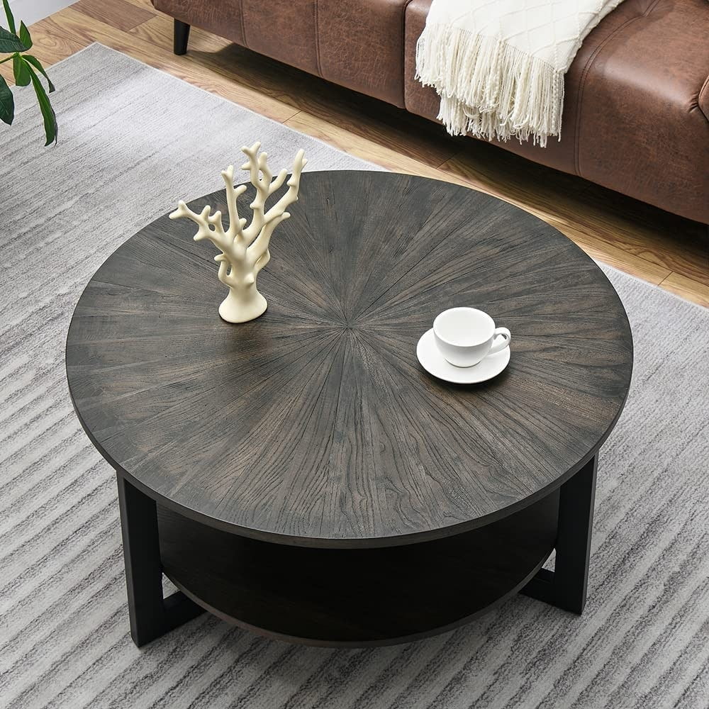 2026 New Round Coffee Table with Solid Wood Storage Circle Center Table Rustic Wood Coffee Table Wood N/A Rustic Wood Coffee Tables, End Tables - Image 4