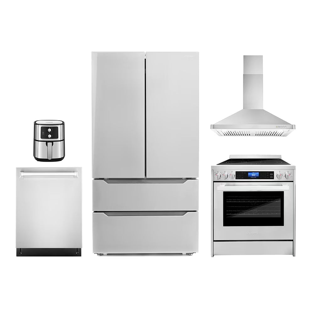 2026 New 5 Piece Kitchen Package with 30" Freestanding Electric Range 30" Under Cabinet Range Hood 24" Built-in Fully Integrated Dishwasher French Door Refrigerator & 5.5L Electric Hot Air Fryer