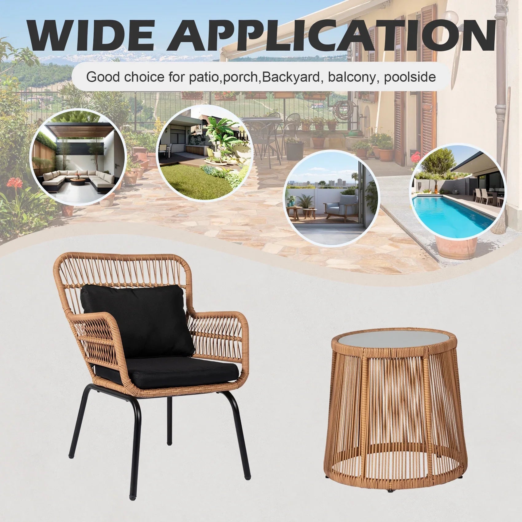 2026 New Tappio 3-Piece Patio Conversation Bistro Set Rattan Furniture, Outdoor Patio Set w/Glass Top Table & Cushions for Garden Balcony Backyard Poolside, Yellow/Beige - Image 30