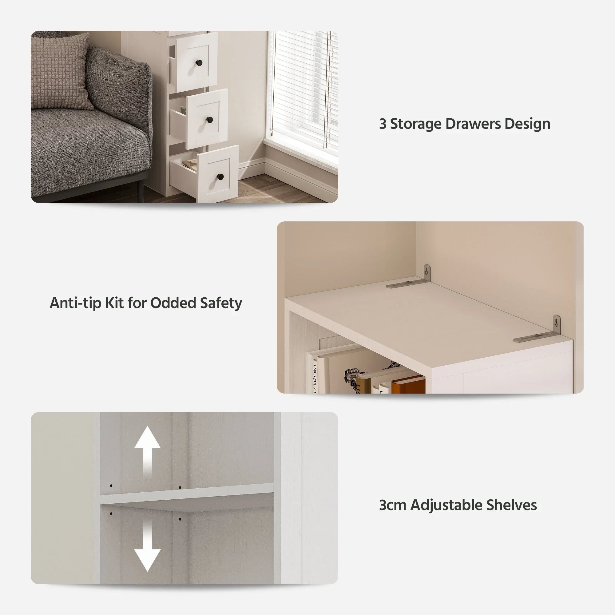 2026 New LAUSAINT HOME Bathroom Storage Cabinet, Tall Thin White Storage with 2 Adjustable Shelves & 3-level Drawers for Home, Kitchen - Image 4