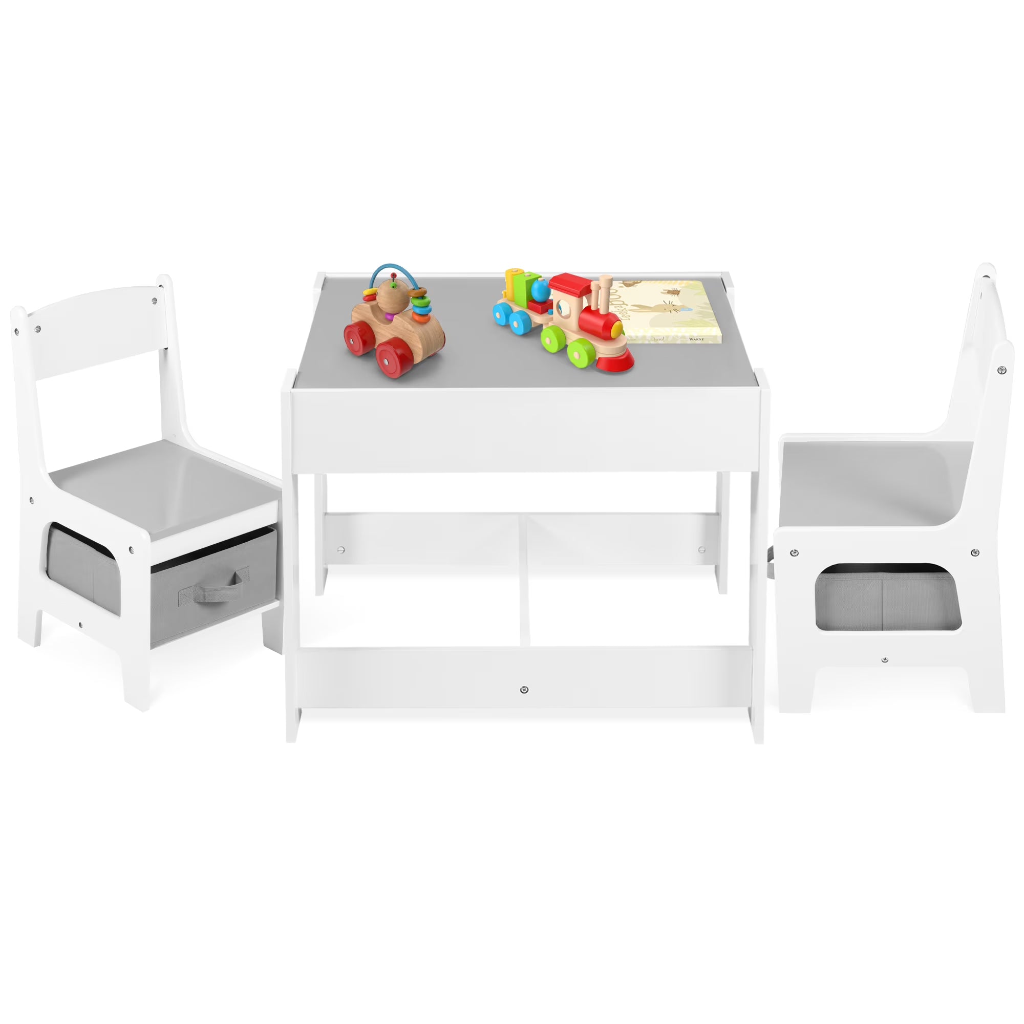 2026 New LINLUX Kids Table and 2 Chairs Set, Children Activity Table Chairs with Chalkboard/Whiteboard, Grey
