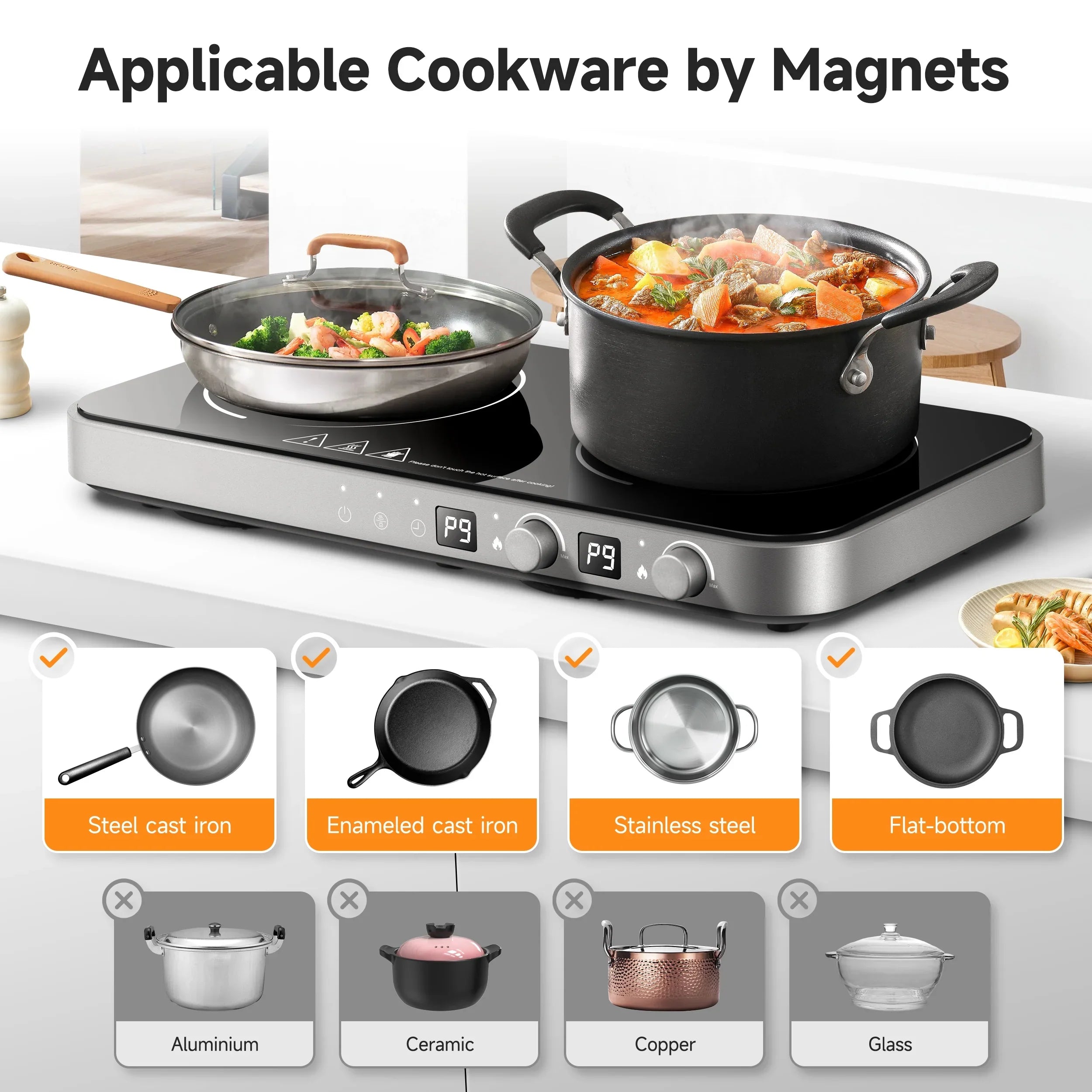 2026 New Sunmaki Portable Double Induction Cooktop with Removable Griddle Pan Non-stick, 1800W 2 burner Induction Hot Plate With Sensor Touch 9 Power Levels, 99 Min Timer,Great for Family Party - Image 7