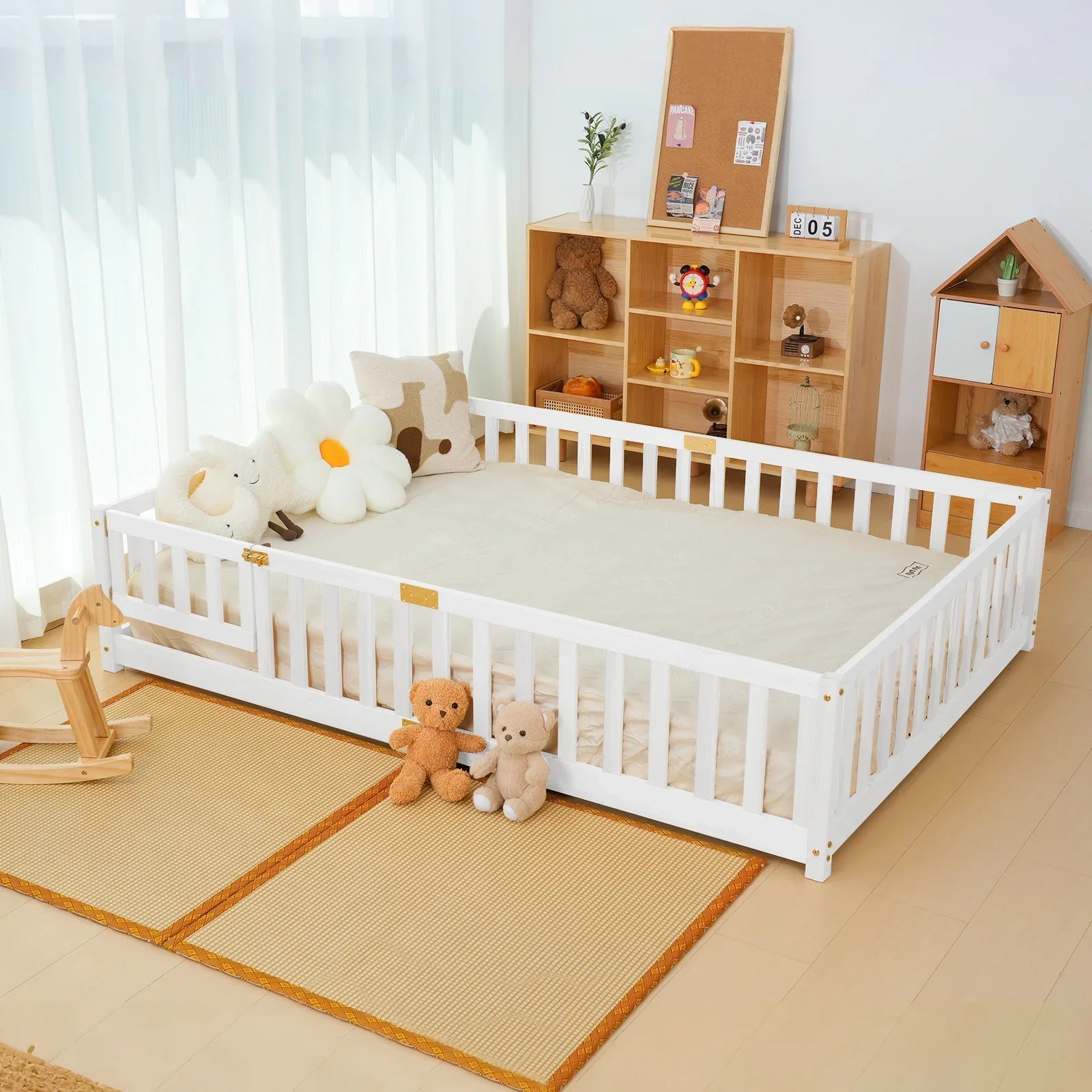 2026 New Slsy Twin Size Toddler Floor Bed, Solid Wood Montessori Bed Frame with Fence & Door Montessori Floor Bed Crib with Safety Guardrails for Girls and Boys - Image 19