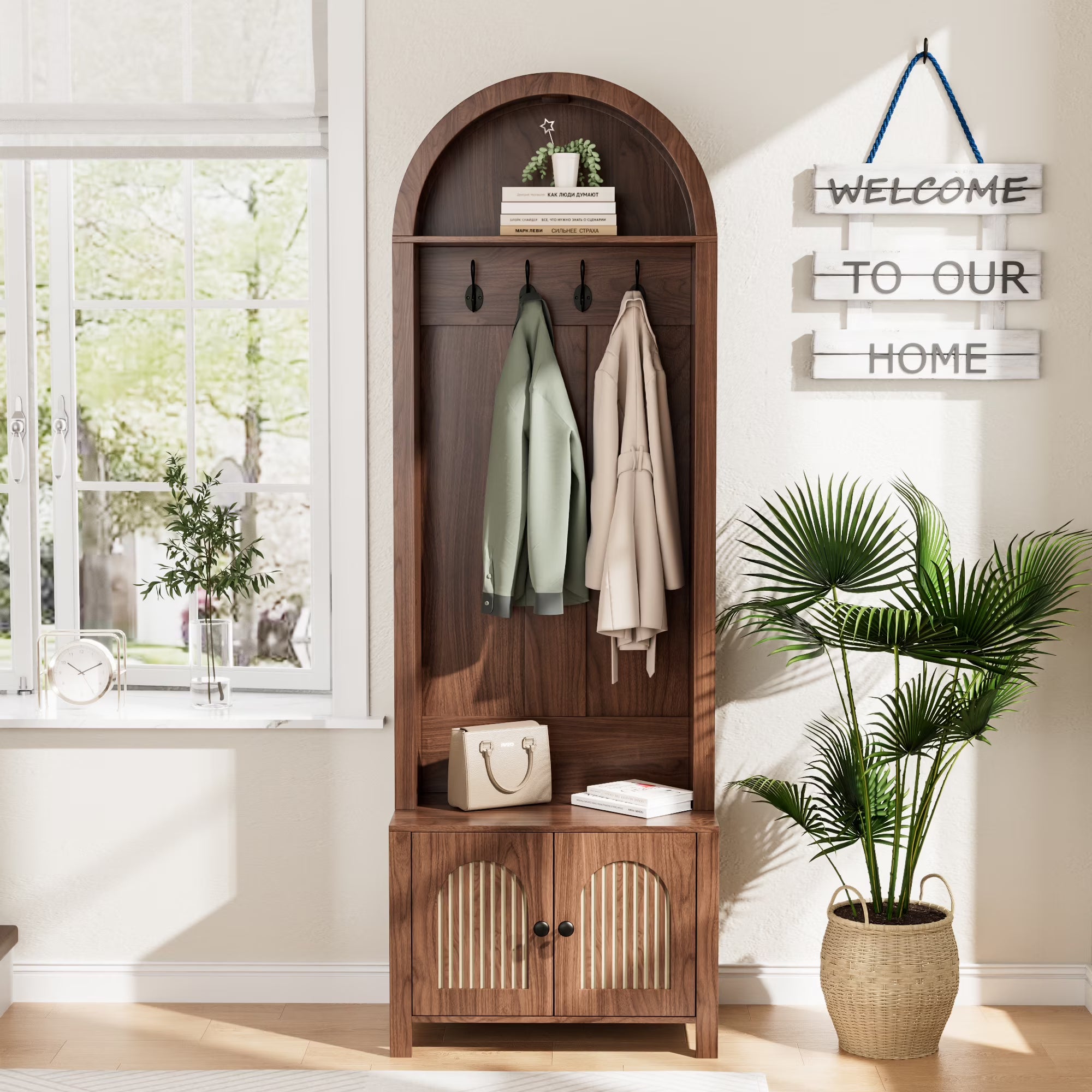 2026 New LUCKYELF Hall Tree with Shoe Storage, Entryway Bench with 4 Hooks and 2 Doors, Arch Coat Rack Cabinet for Hallway