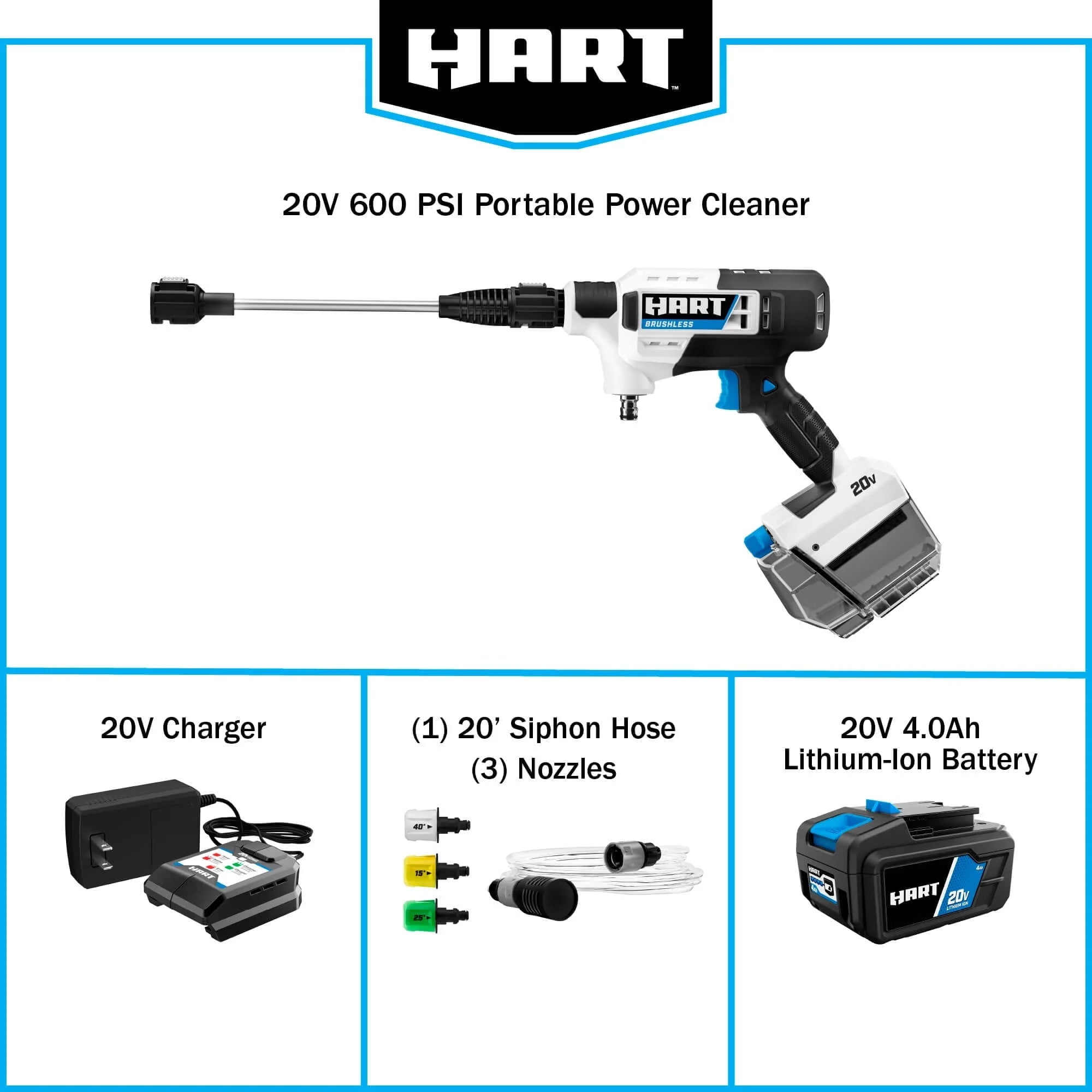 2026 New HART 20-Volt Cordless Brushless 600PSI Power Cleaner Kit (1) 20-Volt 4.0Ah Lithium-Ion Battery - Image 4